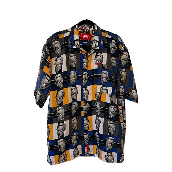 Rare Y2K Ecko Unlimited L buttons down t-shirt short sleeve Silver Surfer blue - Picture 1 of 7